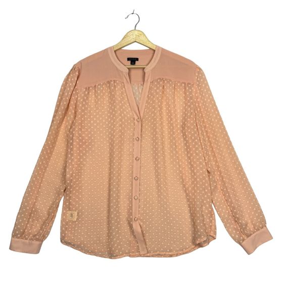 Ann Taylor Tops - Ann Taylor Chiffon Sheer Top Pink Size Large Textured Polka Dot Button Up Blouse